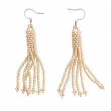 Handcrafted Beige Beaded Tassel Earrings