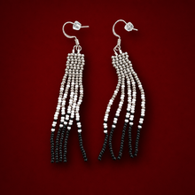 Handcrafted Seed Bead Black, Silver and White Fringe Earrings