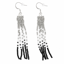 Handcrafted Seed Bead Black, Silver and White Fringe Earrings