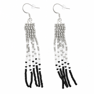 Handcrafted Seed Bead Black, Silver and White Fringe Earrings